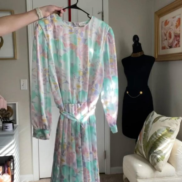 Vintage 80's Green/Pink/Purple Long Sleeve Dress, By Potomac Company, Size 18 - Picture 8 of 8